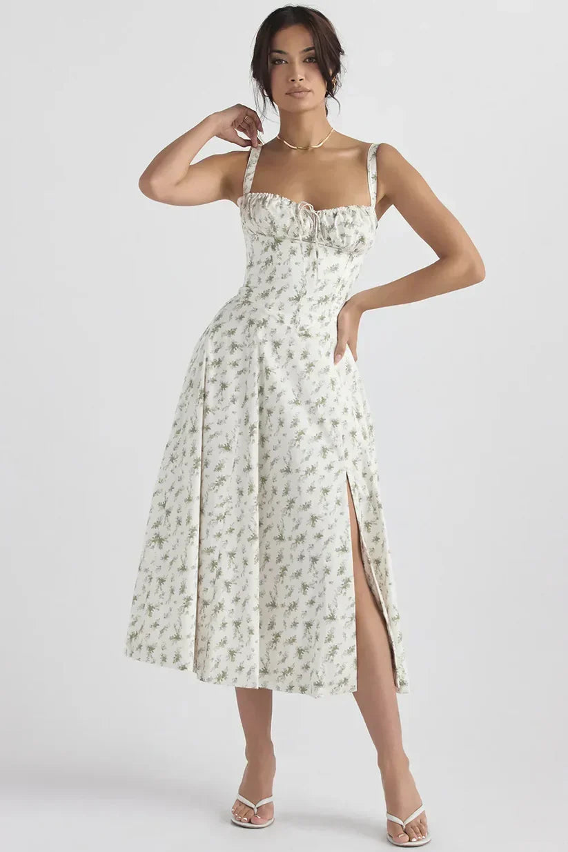 Midi dress with spaghetti straps and side slit