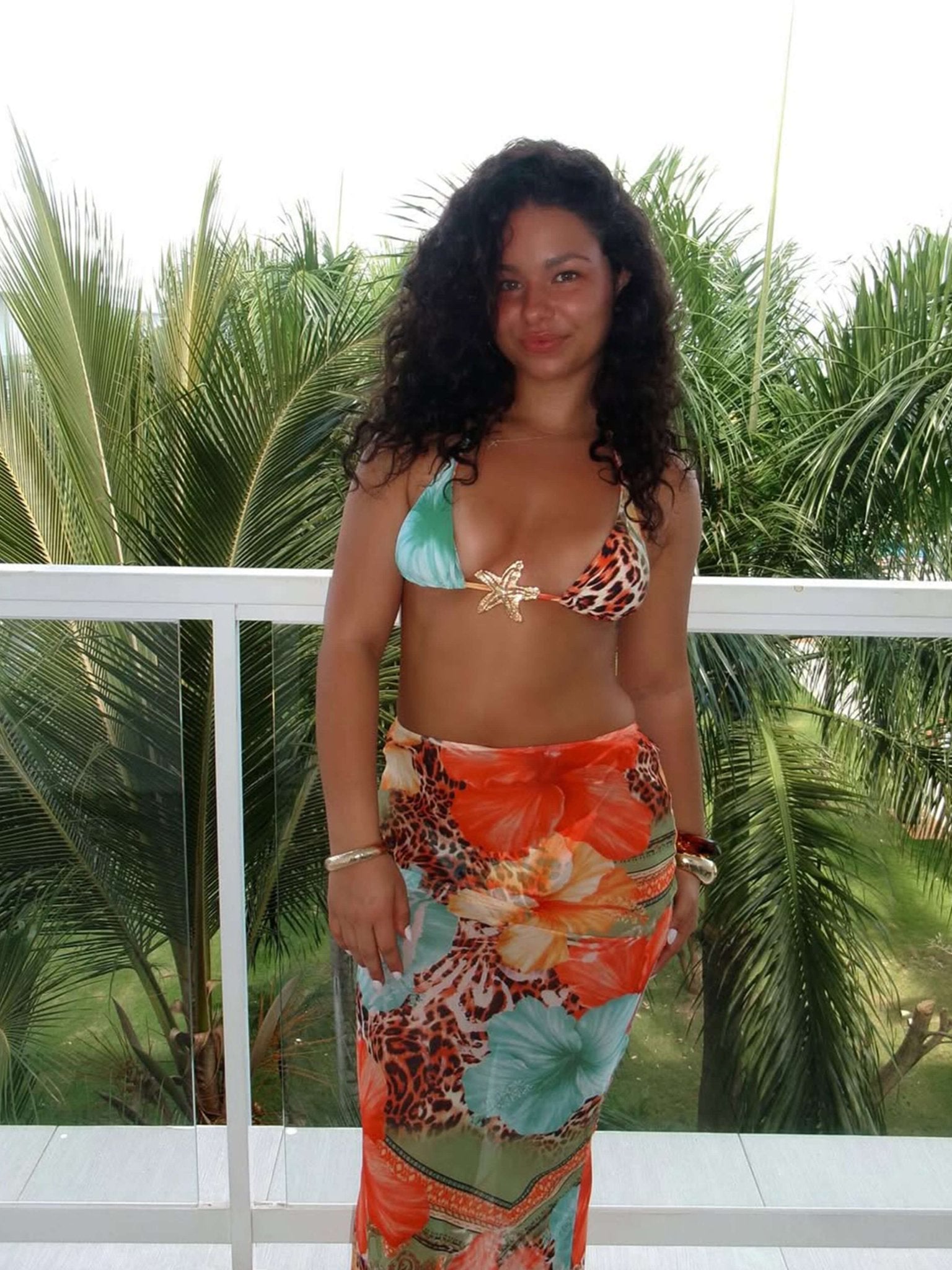 Women’s 3-piece beach set with bikini, skirt, and cover-up – colorful tropical print