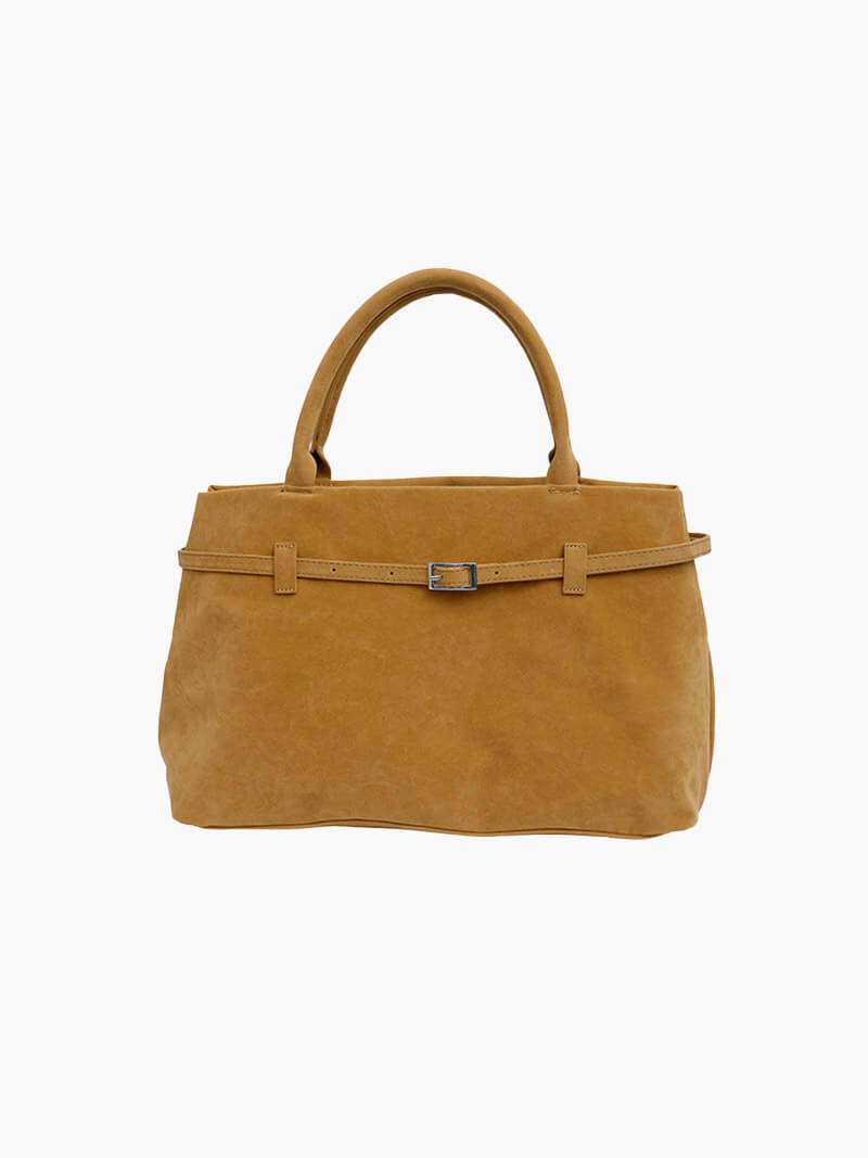 Women’s satchel bag in suede-look material with strap closure and short handle