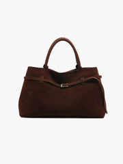 Women’s satchel bag in suede-look material with strap closure and short handle