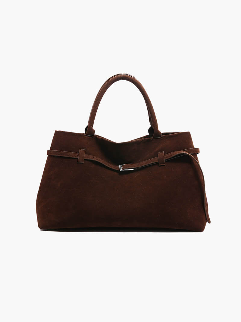 Women’s satchel bag in suede-look material with strap closure and short handle