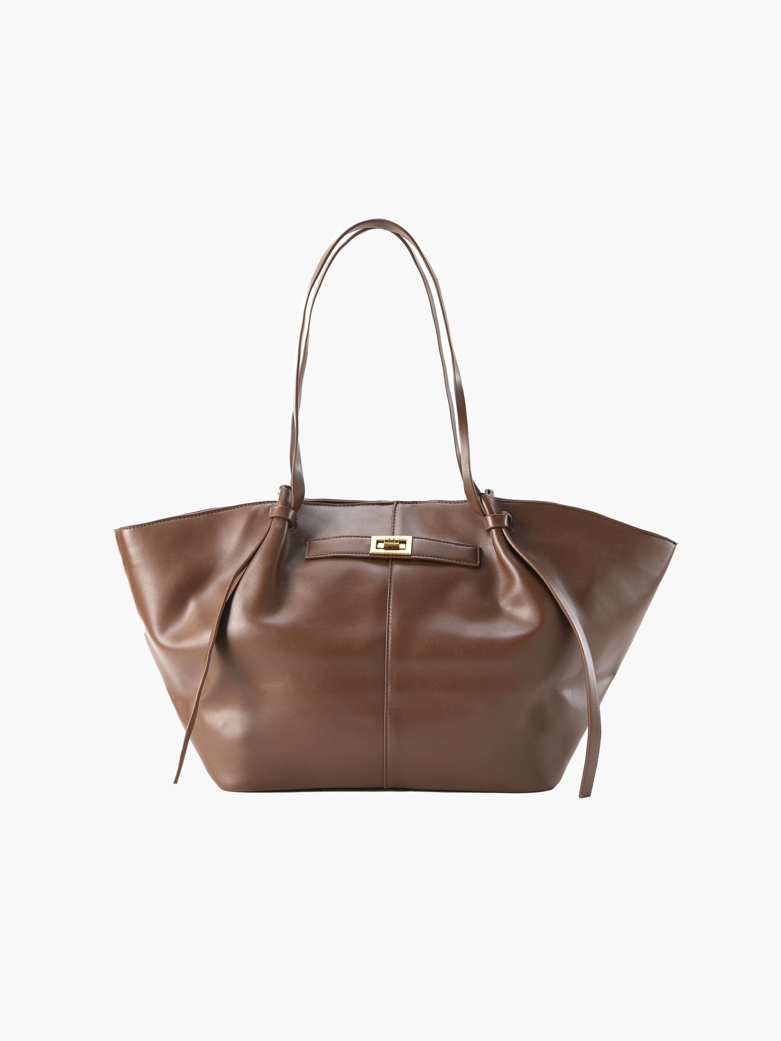Women’s trapeze-shaped tote bag in faux leather with handles and strap closure