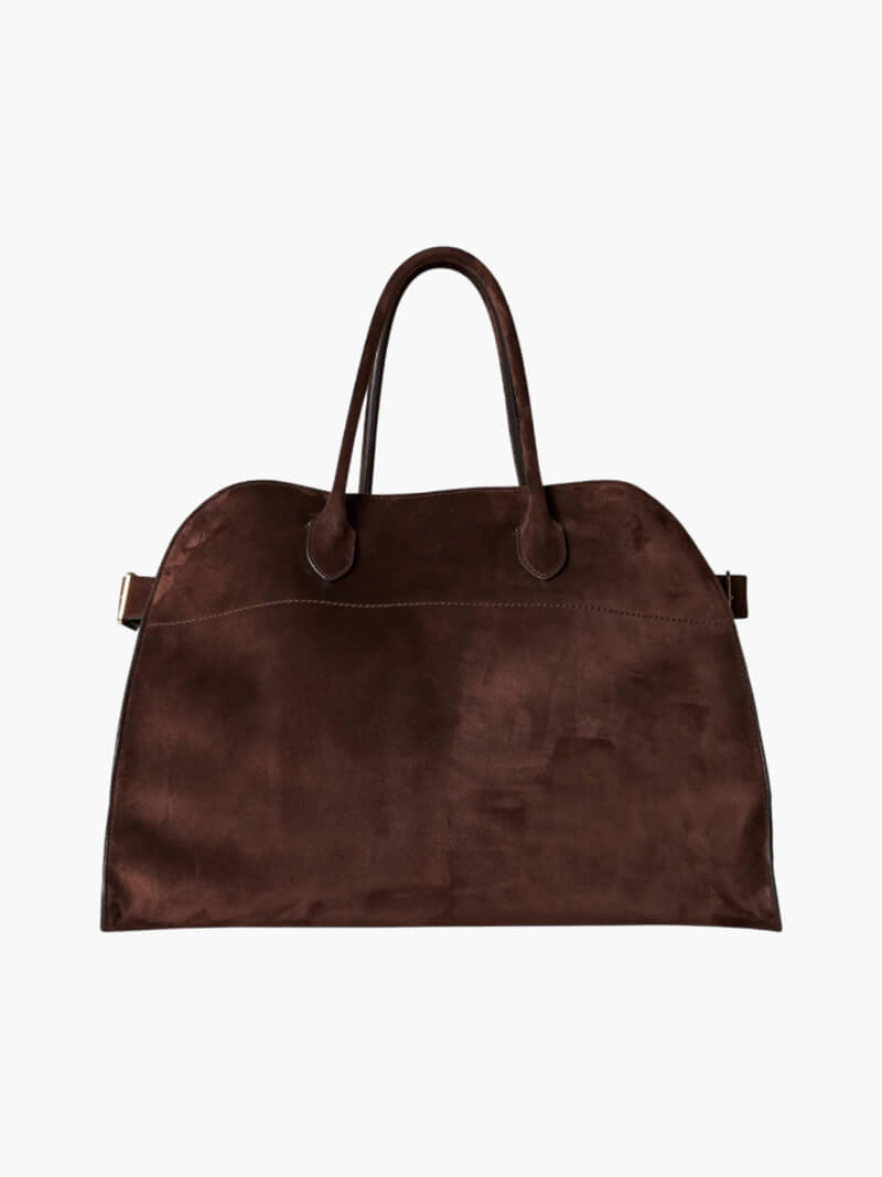 Women’s Boston bag in dark brown suede-look material with handles and zipper closure