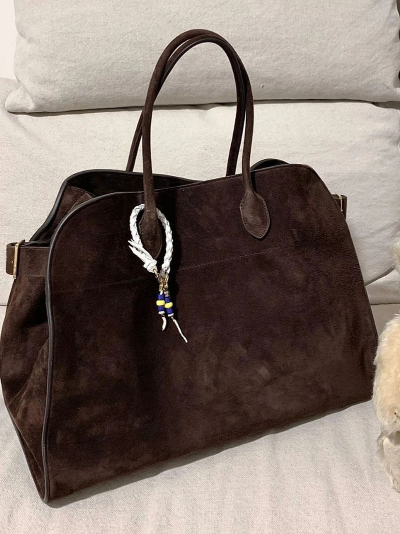 Women’s Boston bag in dark brown suede-look material with handles and zipper closure