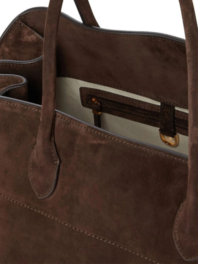 Women’s Boston bag in dark brown suede-look material with handles and zipper closure