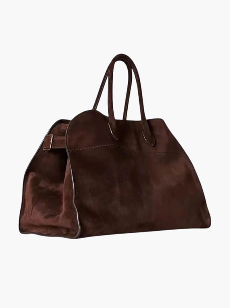 Women’s Boston bag in dark brown suede-look material with handles and zipper closure