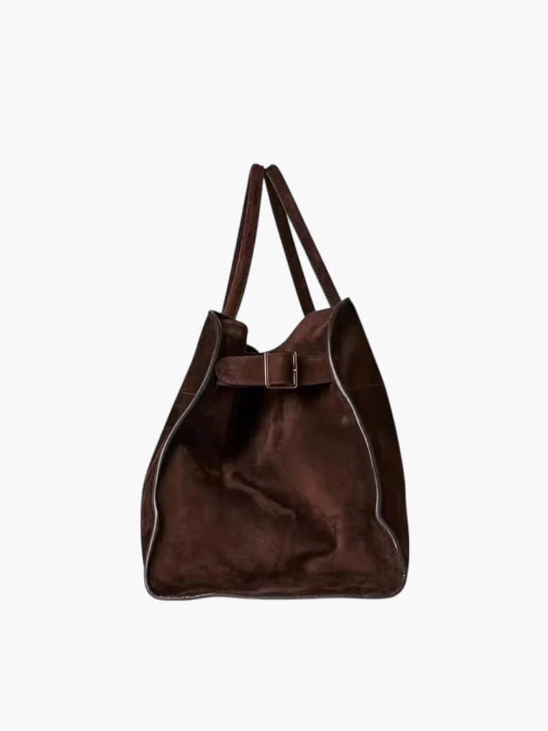 Women’s Boston bag in dark brown suede-look material with handles and zipper closure