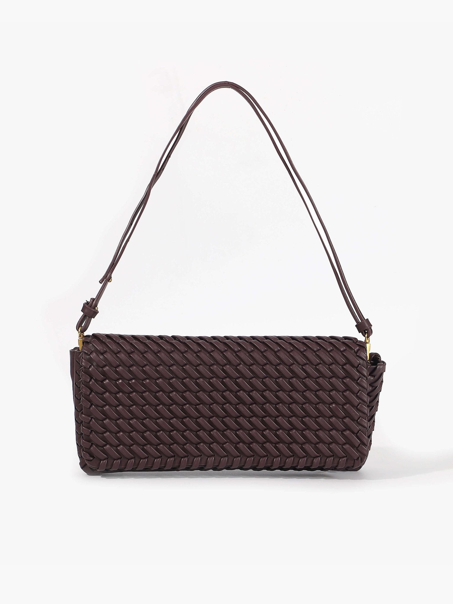 Women’s woven baguette bag in dark brown faux leather with shoulder strap