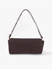 Women’s woven baguette bag in dark brown faux leather with shoulder strap