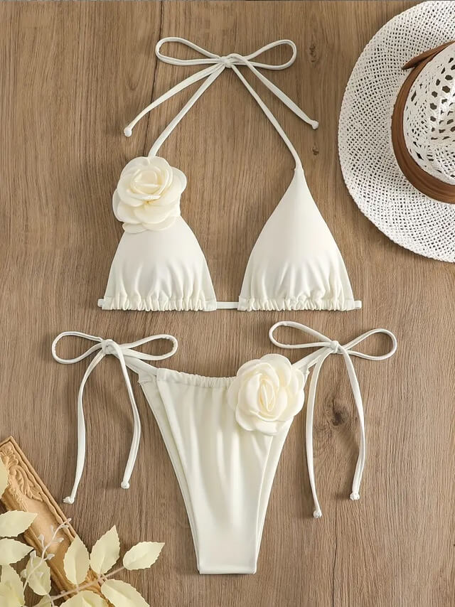Women’s bikini set with 3D flower – triangle top and tie-side bottoms in cream