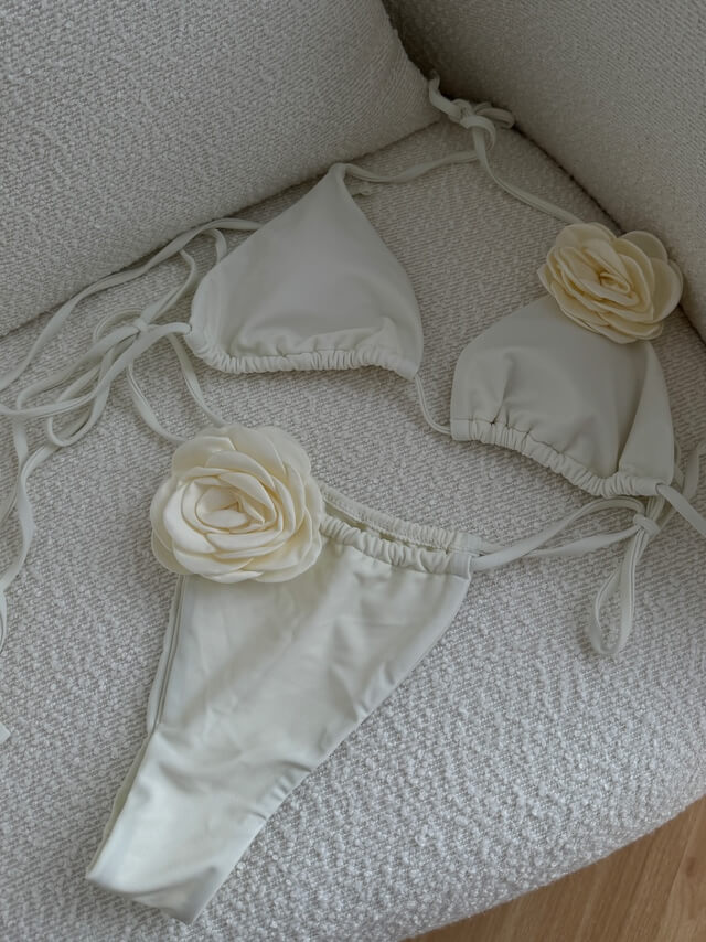 Women’s bikini set with 3D flower – triangle top and tie-side bottoms in cream