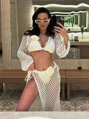 Women’s bikini set with 3D flower – triangle top and tie-side bottoms in cream