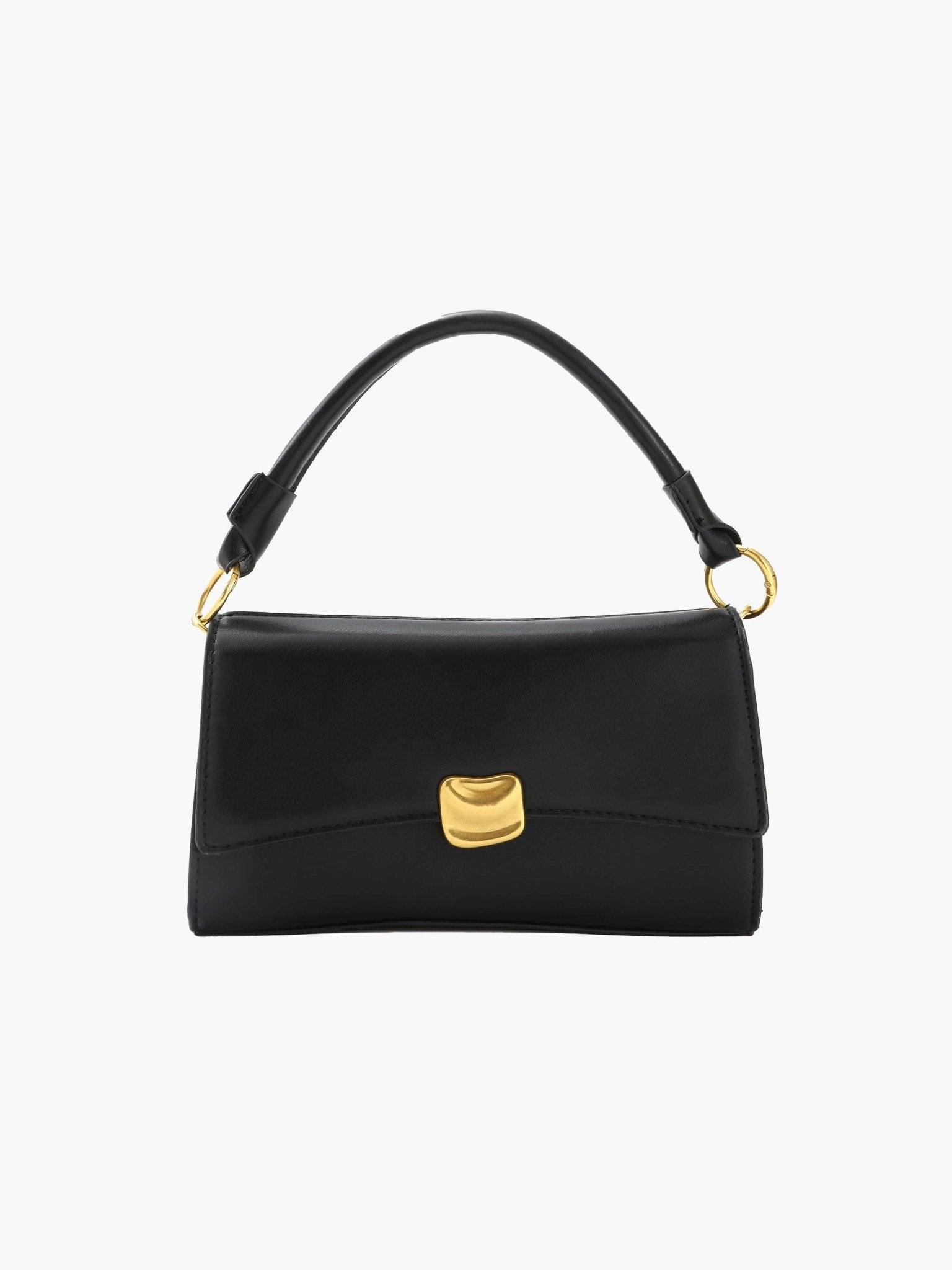 Women’s baguette bag in black faux leather with gold-tone flap clasp