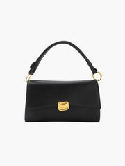 Women’s baguette bag in black faux leather with gold-tone flap clasp